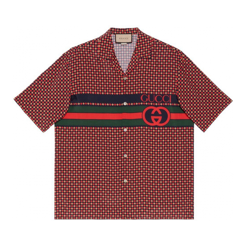 Chemise à manches courtes 'Red Geometric Houndstooth Bowling' pour Hommes