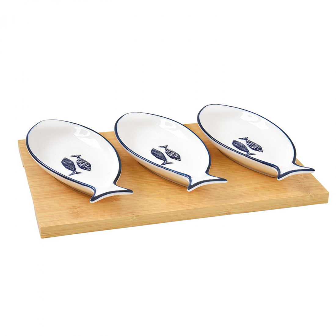 Appetizer Set With 3 Porcelain Bowls On Bamboo Tray in Colour Box 28X19cm Sea Shore