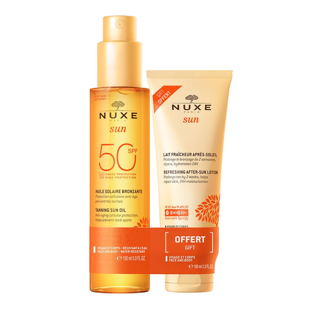 sun Duo Huile Solaire Bronzante Haute Protection SPF50 visage et corps et Lait Fraicheur Après-Soleil - 2 Pièces