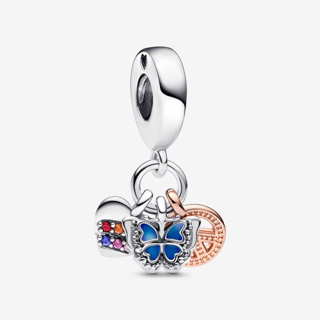 'Rainbow Heart, Butterfly & Peace Triple Dangle' Charm für Damen