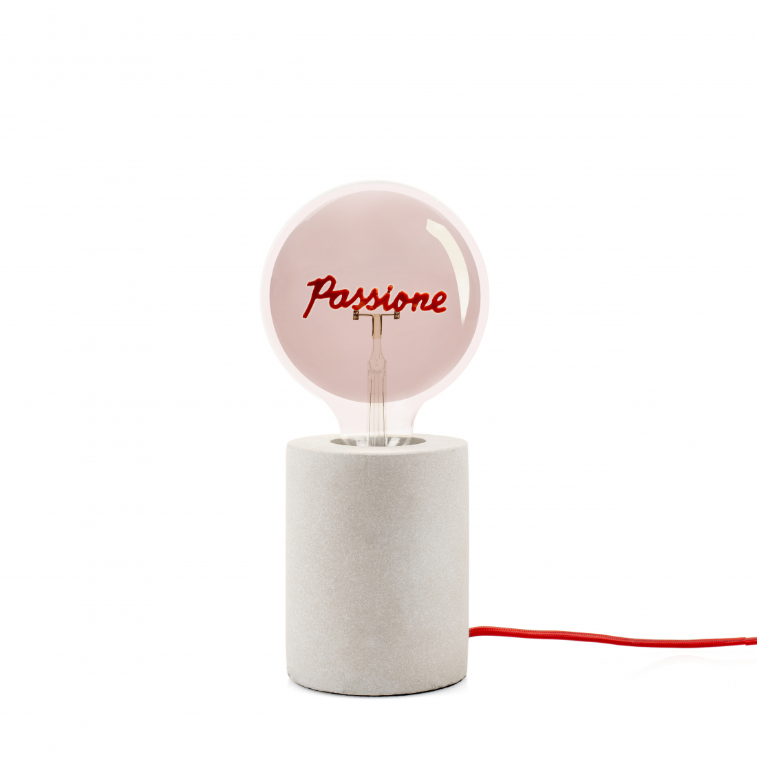 Lamp With Cement Base – Red Written Smoked Glass Bulb