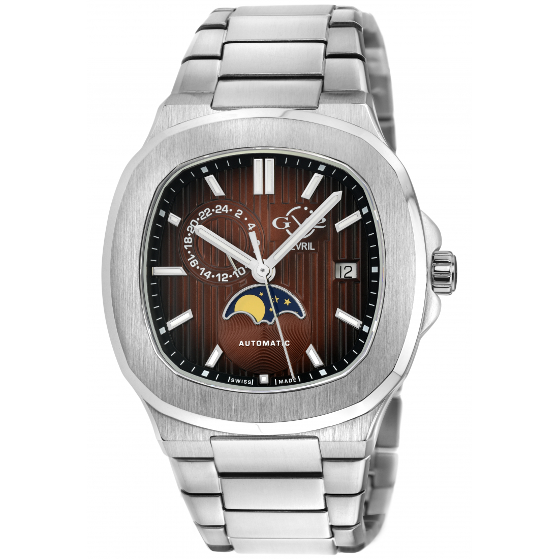 GV2 Men's Potente Moon Phase Swiss Automatic Watch, 316L Stainless Steel Case, Burgundy Dial, 316L Stainless Steel  Bracelet