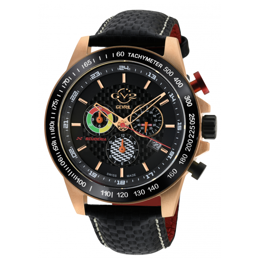 GV2 Men's Scuderia Black Dial Black Leather Chronograph Date Watch