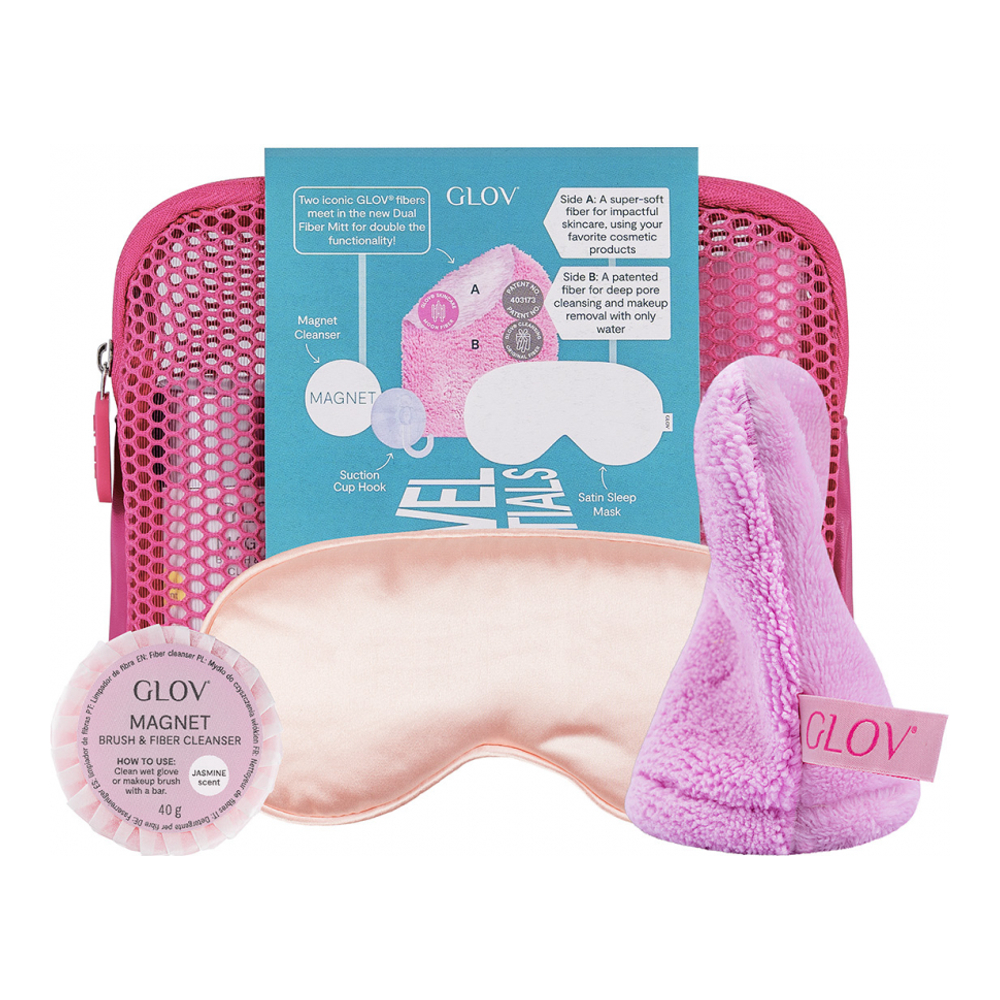 Travel Essentials Set | Dual Fiber Makeup Removing And Skincare Mitt With Satin Sleeping Mask And Magnet Brush & Fiber Cleanser