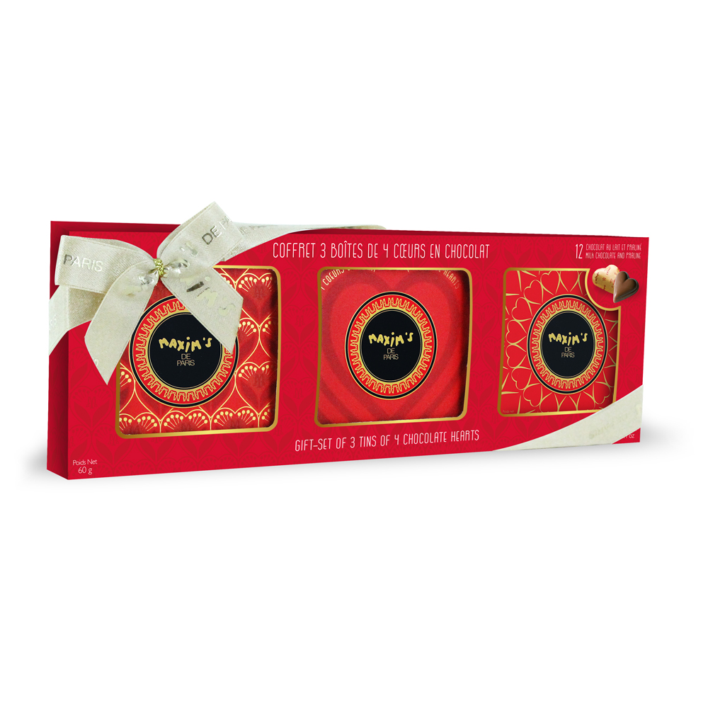 Case of 3 metal boxes with 4 hearts in praline milk chocolate