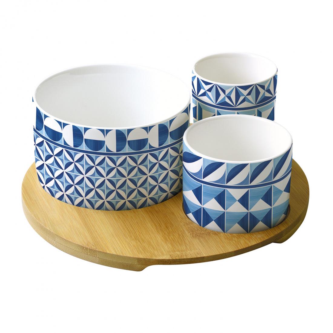 Bamboo Round App.Set Dia.cm.22 W/3 Porcelain Bowls in Color Box Geometric