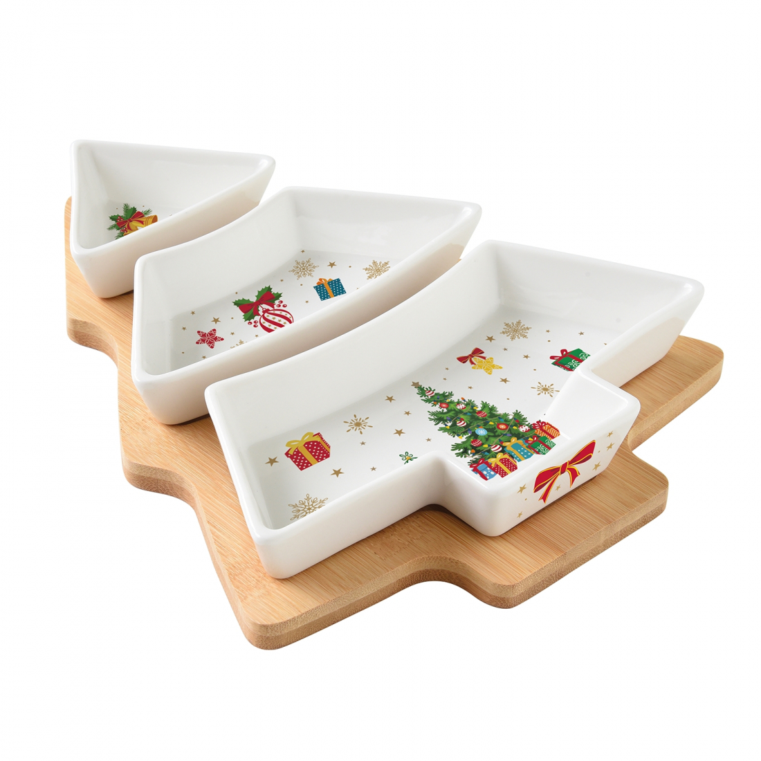 Appetizer Set W/3 Porcelain Bowls On Bamboo Tray 25.5X21 Cb Christmas Ornaments