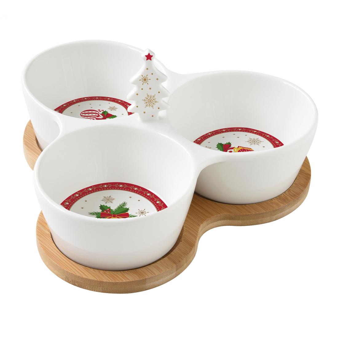 Service À Amuse-Gueules En Porcelaine 20,5X17 Avec 3 Bols Sur Plateau Bambou En C.B. Décorations De Noël