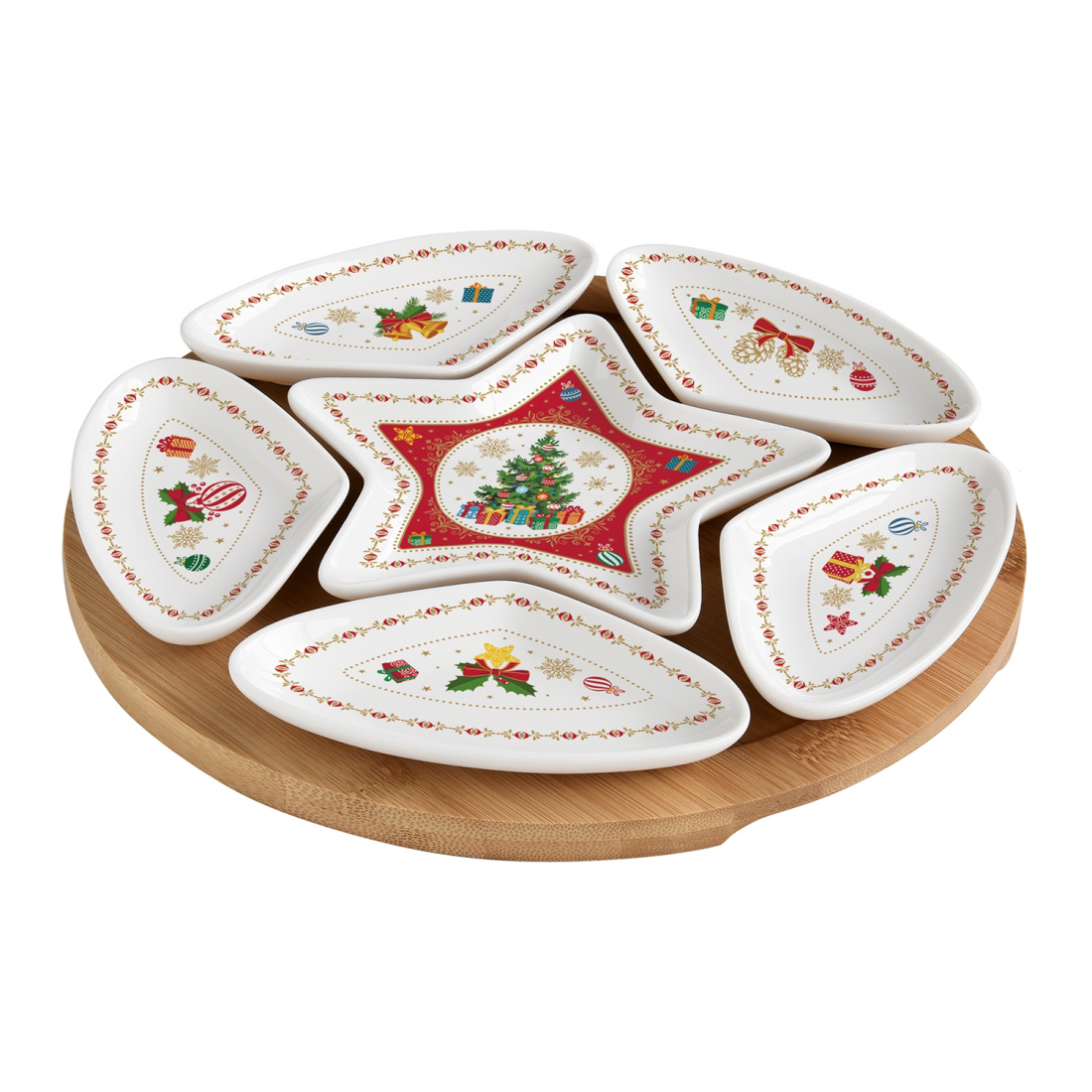 Appetizer Set Ø 25 cm W/6 Porc.Bowls On Bamboo Tray In C.B. Christmas Ornaments