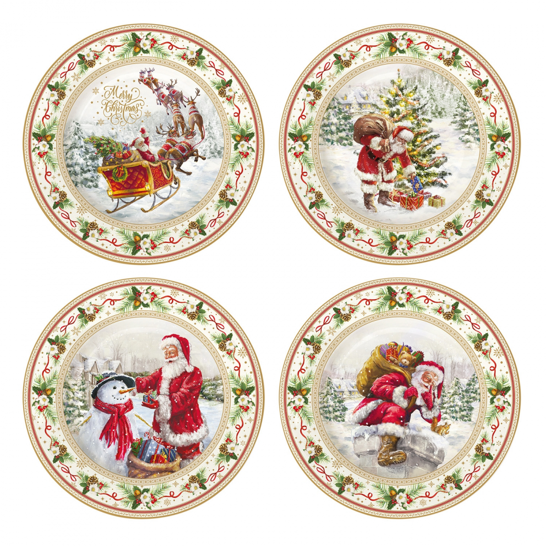 Set Of 4 Porcelain Dessert Plates In Christmas Time Gift Box