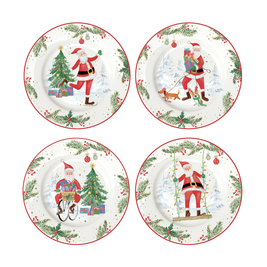 Set Of 4 Porcelain Dessert Plates In Joyful Santa Gift Box