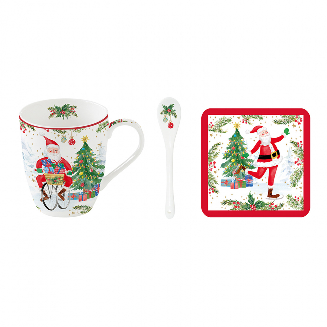 Set De Mugs En Porcelaine 350 Ml Avec Cuillère Et Casserole Dans Une Boîte Couleur Joyful Santa