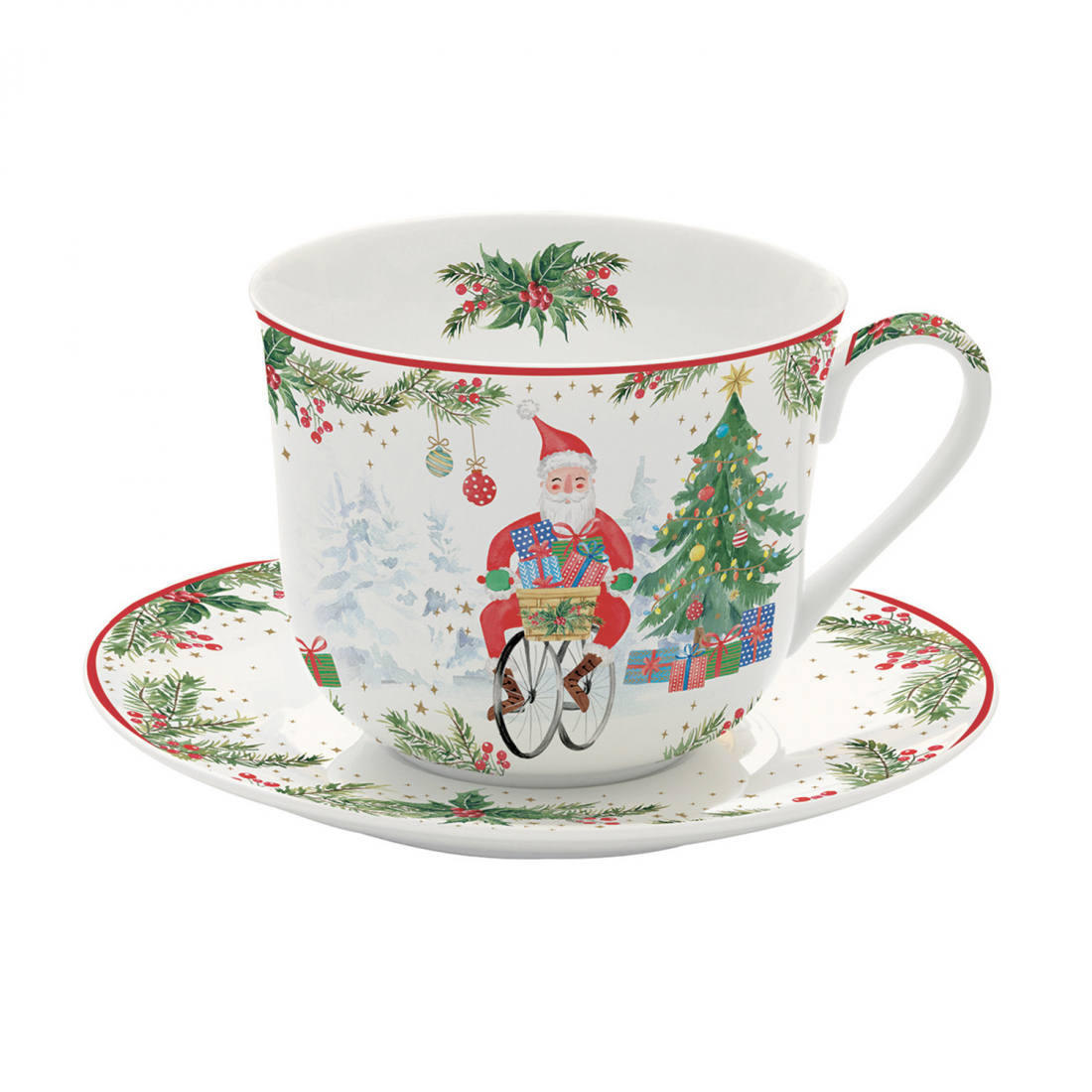 Tasse À Petit-Déjeuner En Porcelaine Avec Assiette 400 Ml Dans Une Boîte Couleur Joyful Santa