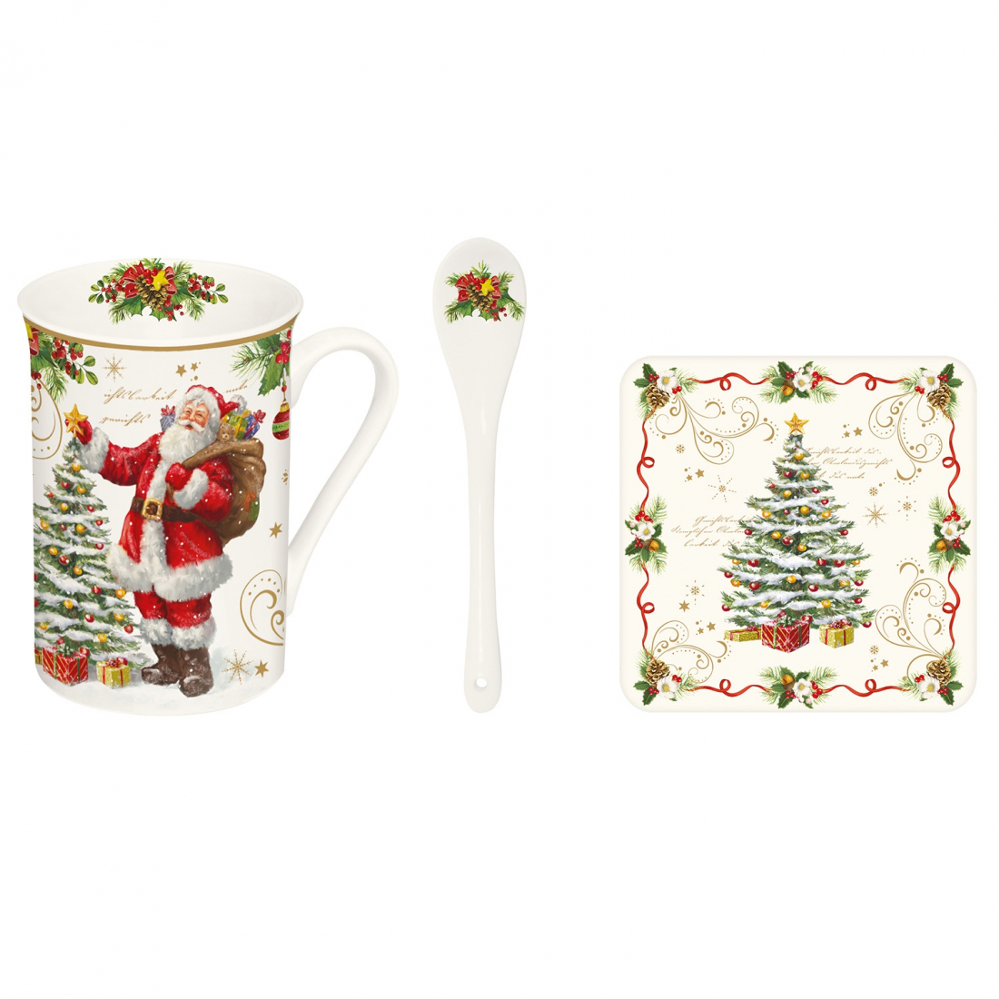 Ensemble De Mugs Magic Christmas Avec Cuillères En Porcelaine 300 Ml Et Dessous De Verre