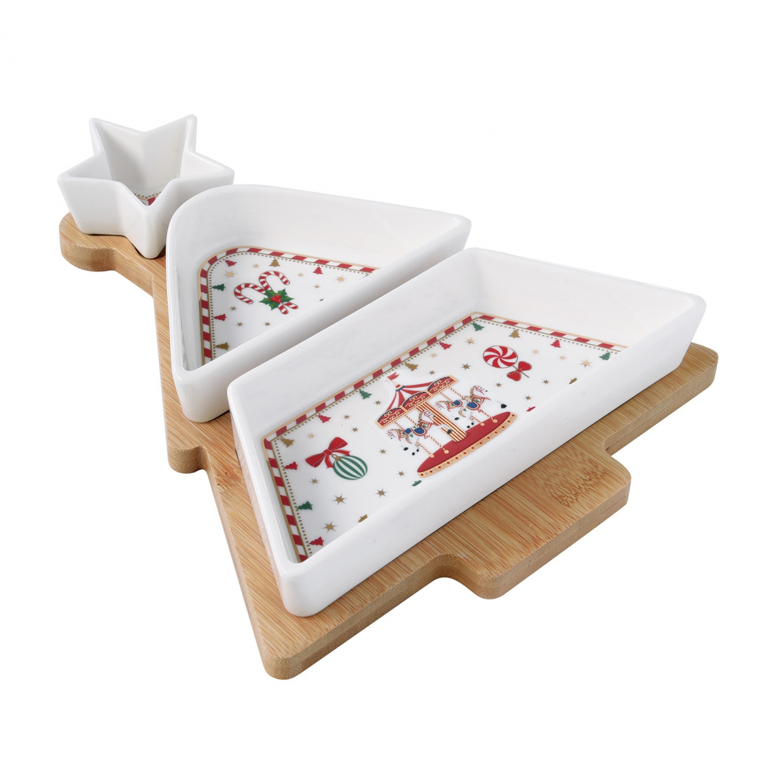 Aperitif Set With 3 Bowls And Bamboo Tray 21×25 cm Christmas Wonderland