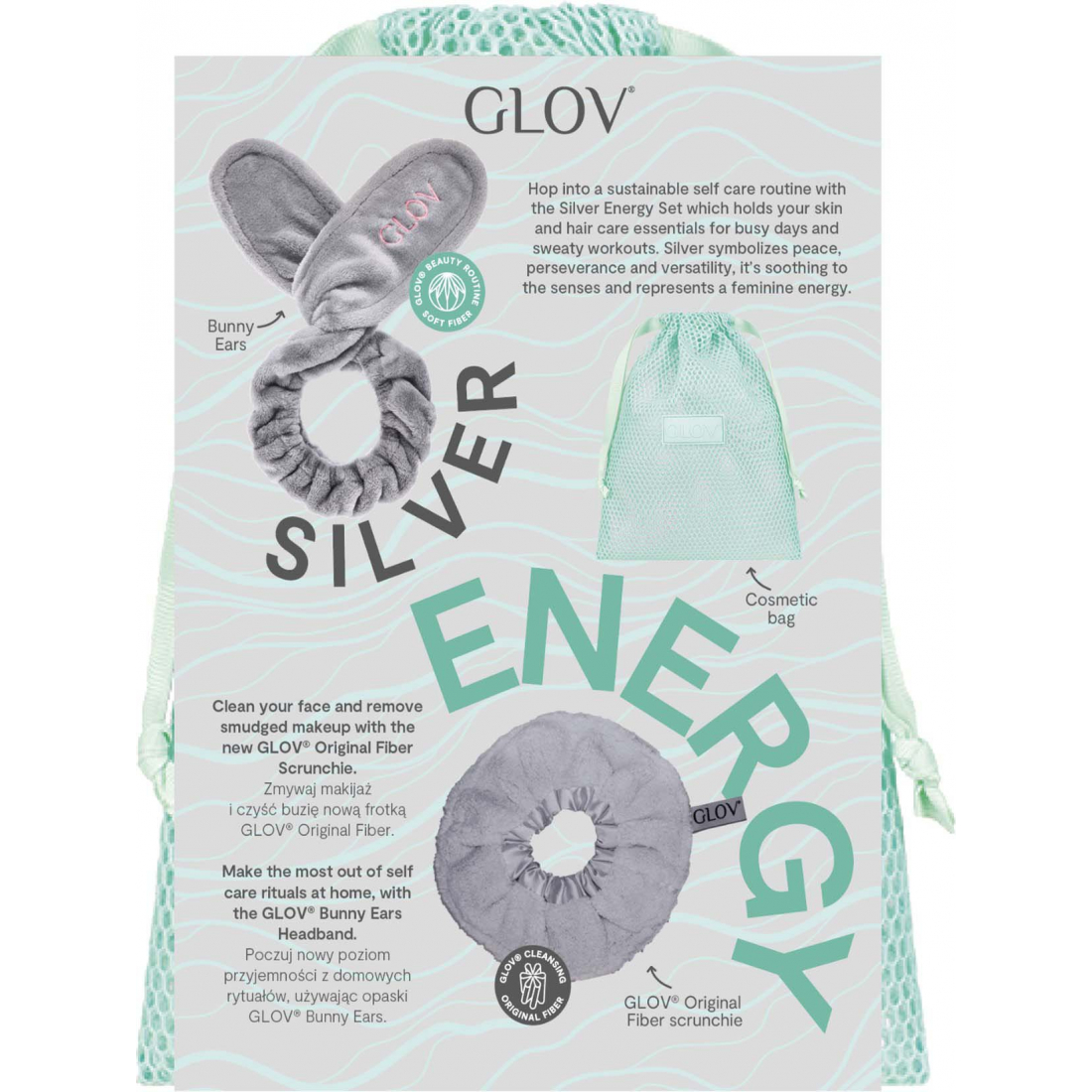 Silver Energy | Ultra Soft Face Cleansing Scrunchie 2-In-1 Tie And Makeup Remover With Bunny Ears Hair Protecting Headband