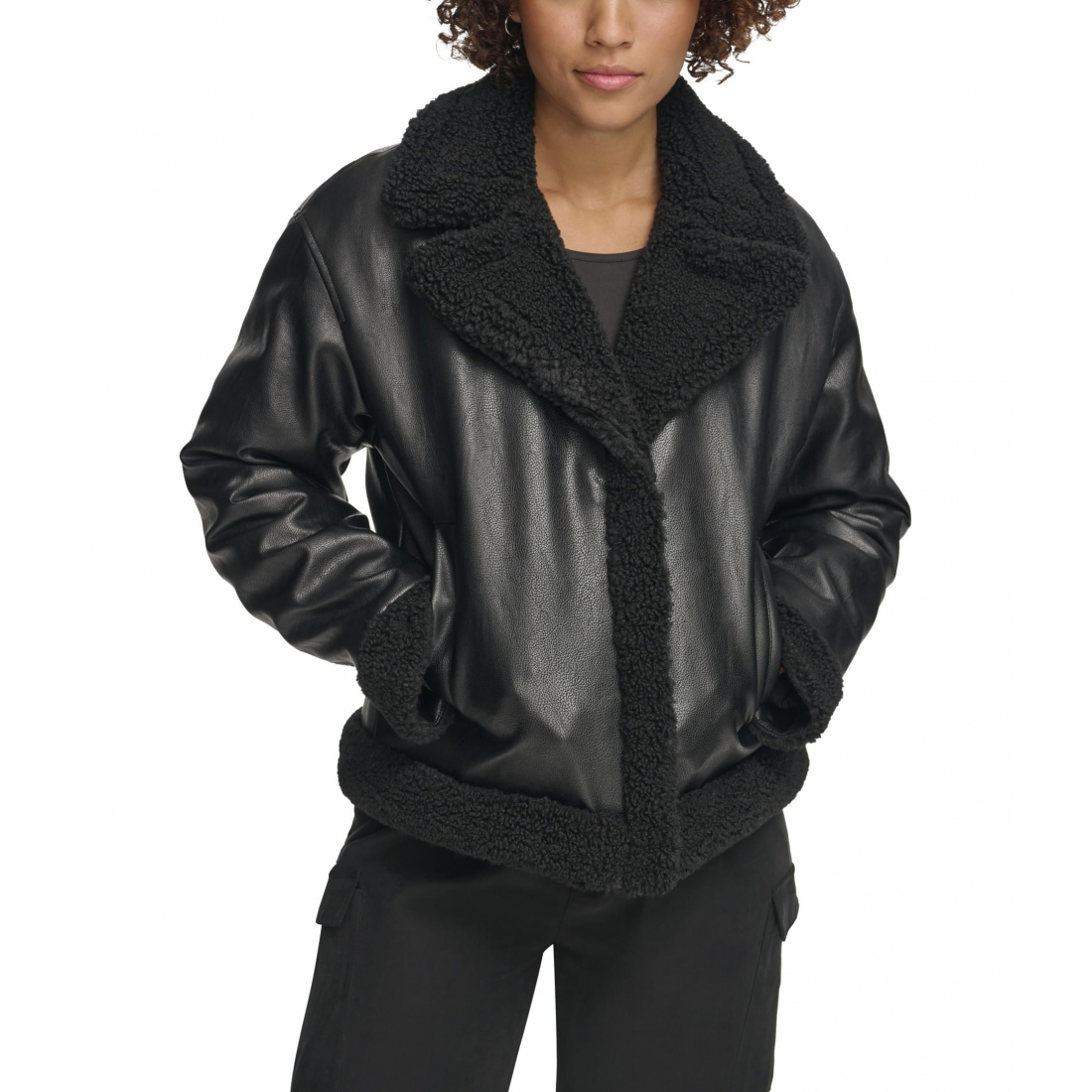 Women's 'Asymmetrical Leather Sherpa Lined' Biker Jacket