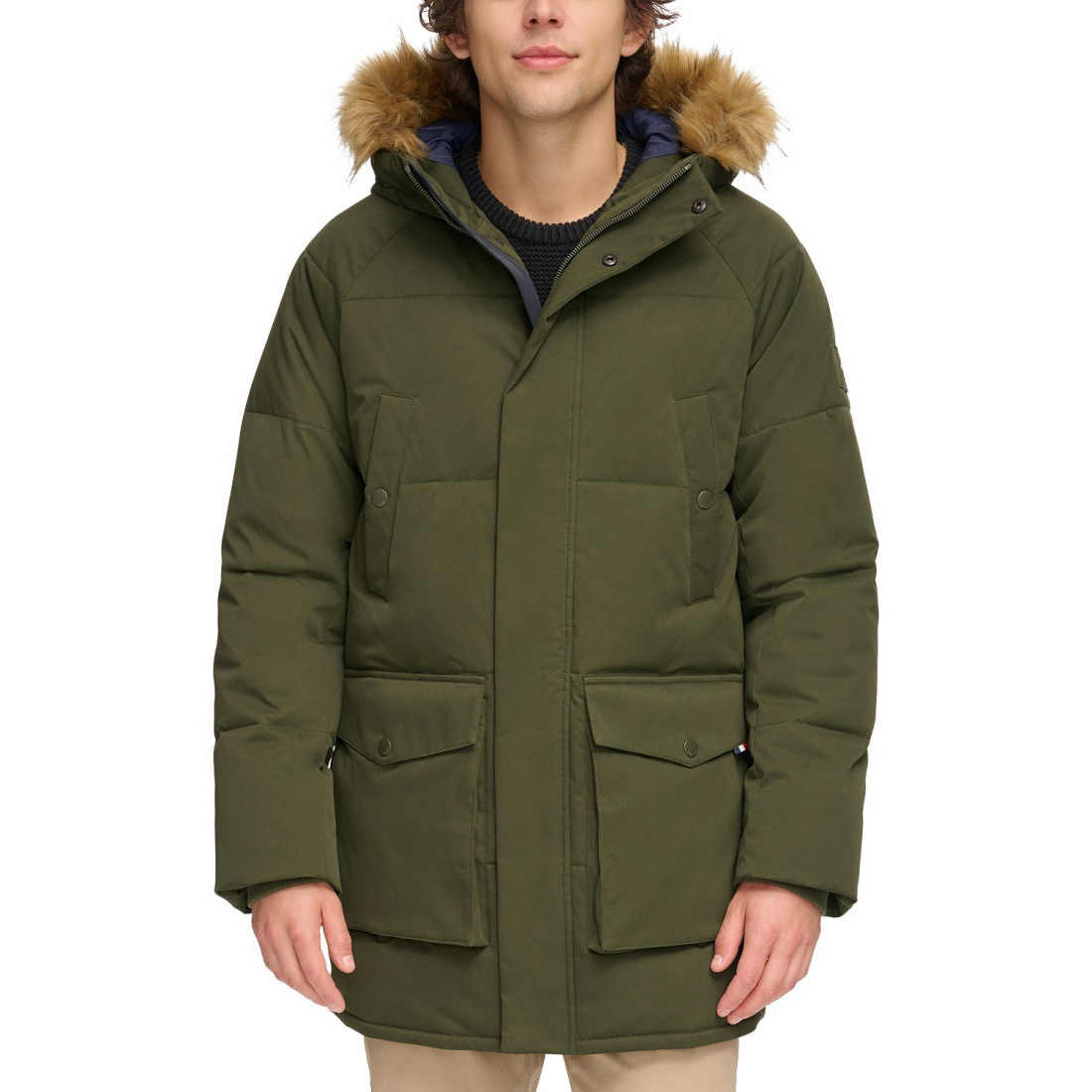 Long Quilted Parka with Removable Faux-Fur Trim pour Hommes