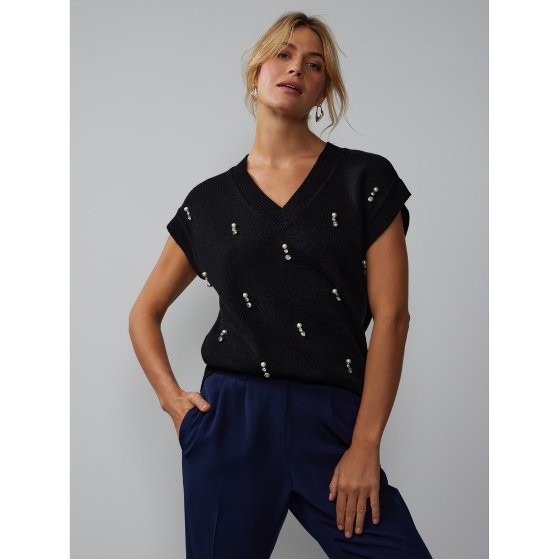 Pull à manches courtes 'Crystal Embellished' pour Femmes