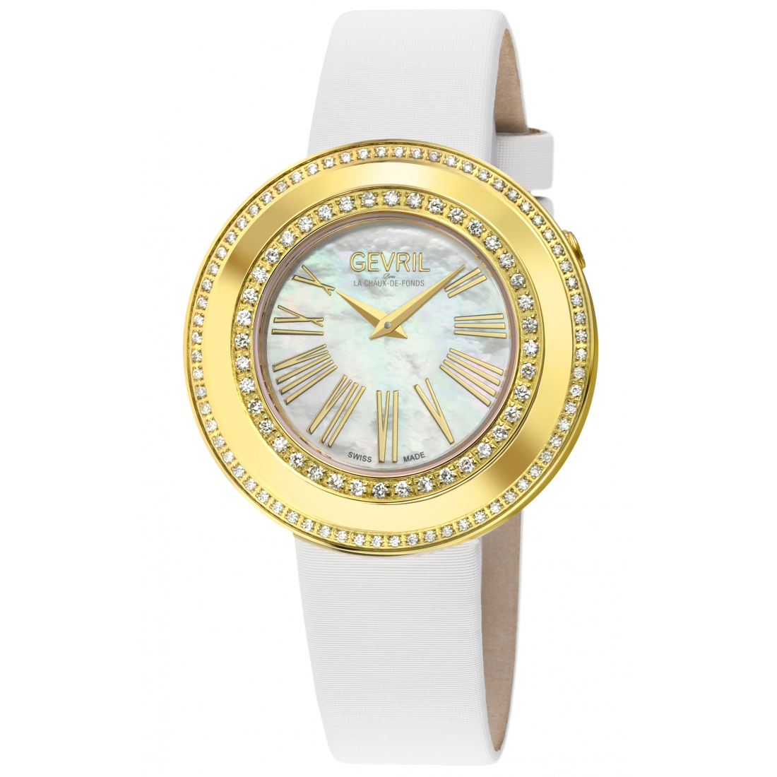 Women's Gandria Swiss Diamond Watch, 316L SS/IPYG Case, White MOP Dial, Genuine Italian Made Leather Strap