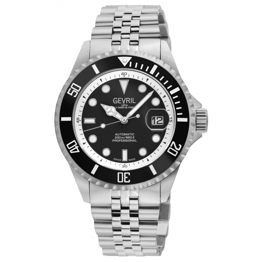 Men's Wall Street Swiss Automatic Watch,  SS Case, Black Bezel, Black Enamel Dial, SS Satin And Polished Bracelet