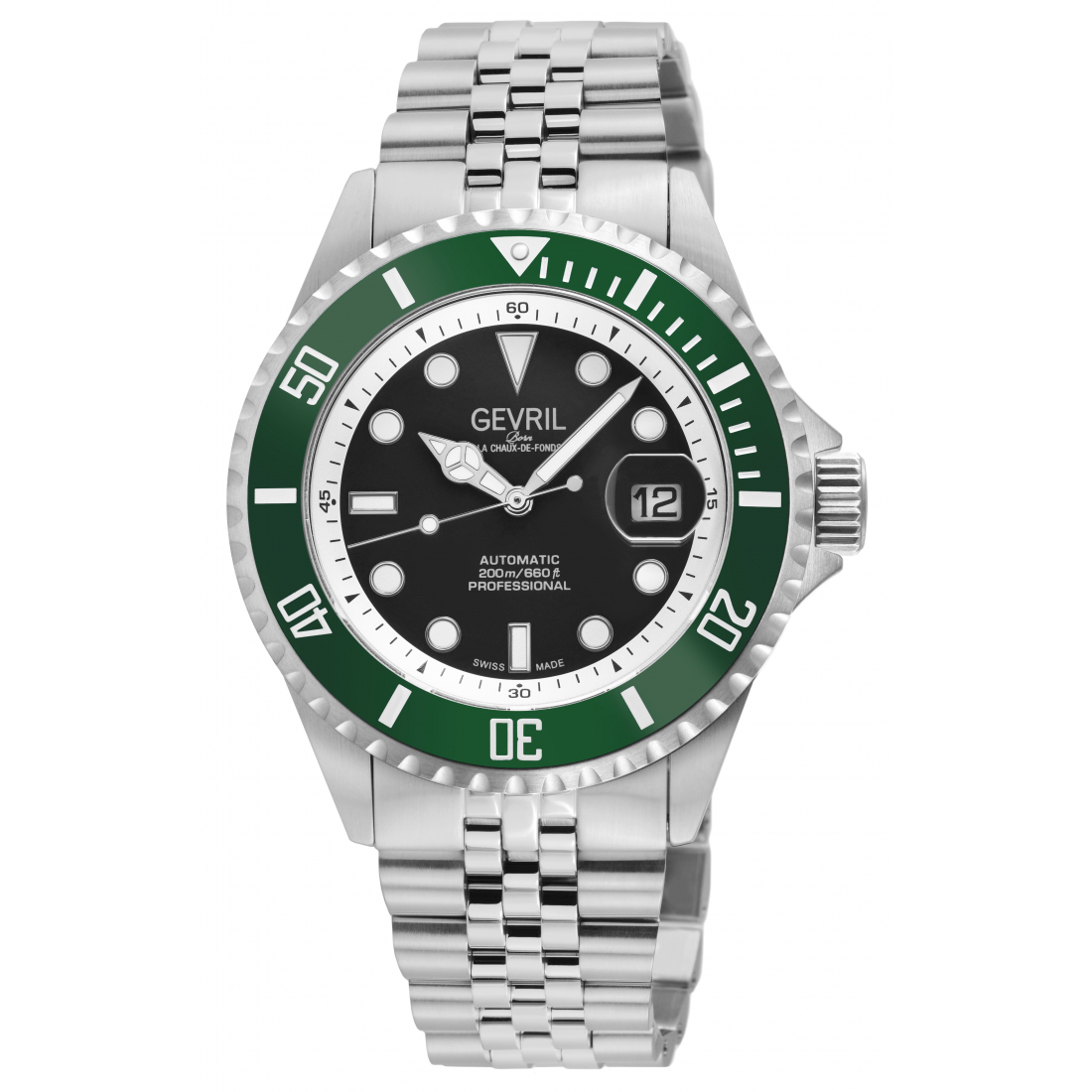 Men's Wall Street Swiss Automatic Watch,  SS Case, Green Bezel, Black Enamel Dial, SS Satin And Polished Bracelet