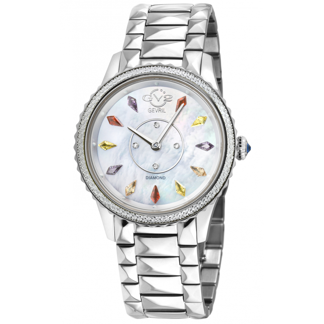 Women's Siena SS Case, White MOP Dial, Mutil Stone Index, 316L Stainless Steel Bracelet Watch