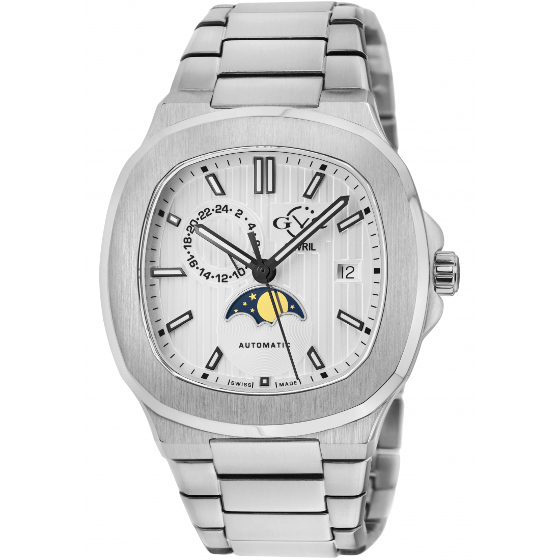 GV2 Men's Potente Moon Phase Swiss Automatic Watch, 316L Stainless Steel Case, Silver Dial, 316L Stainless Steel  Bracelet