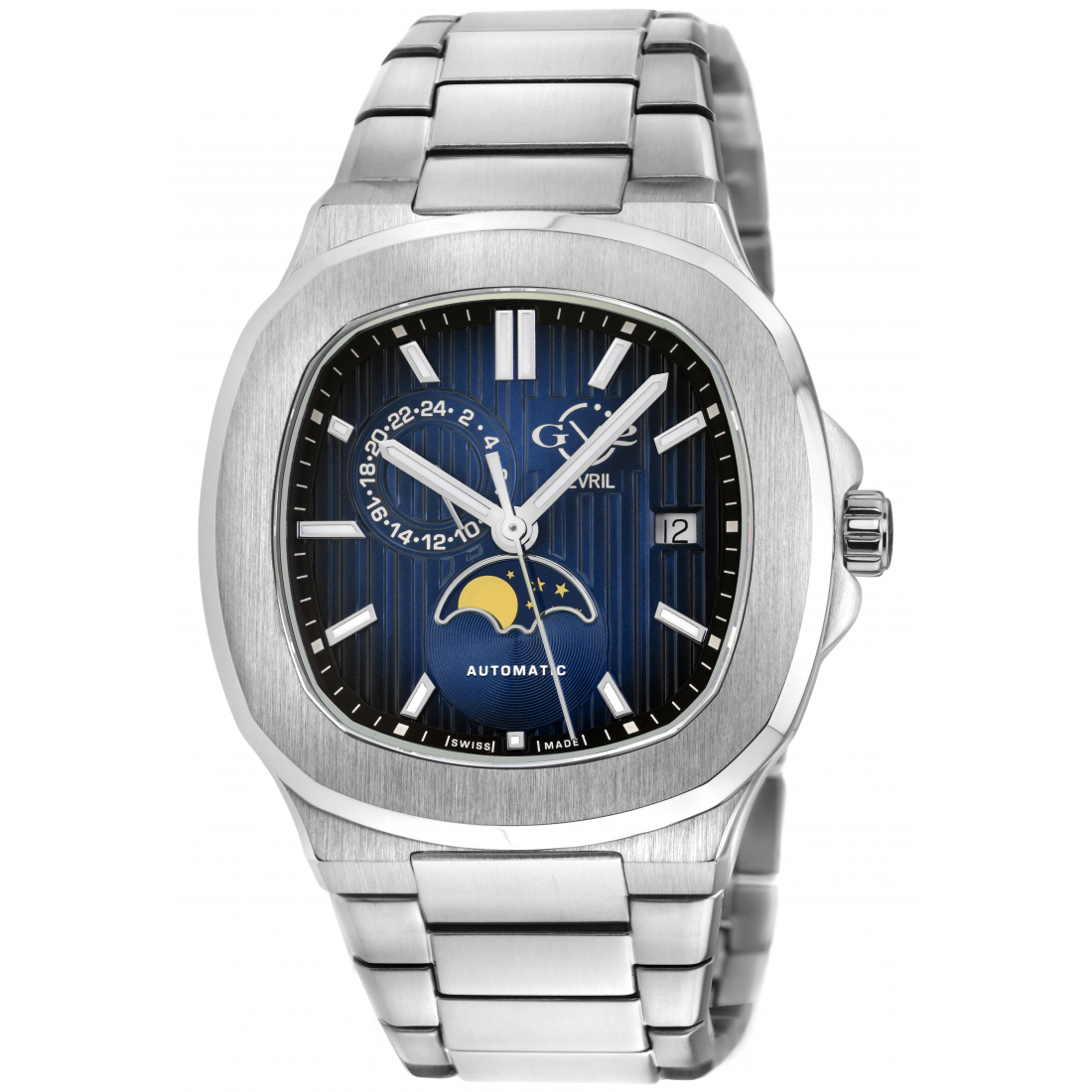 GV2 Men's Potente Moon Phase Swiss Automatic Watch, 316L Stainless Steel Case, Blue Dial, 316L Stainless Steel  Bracelet