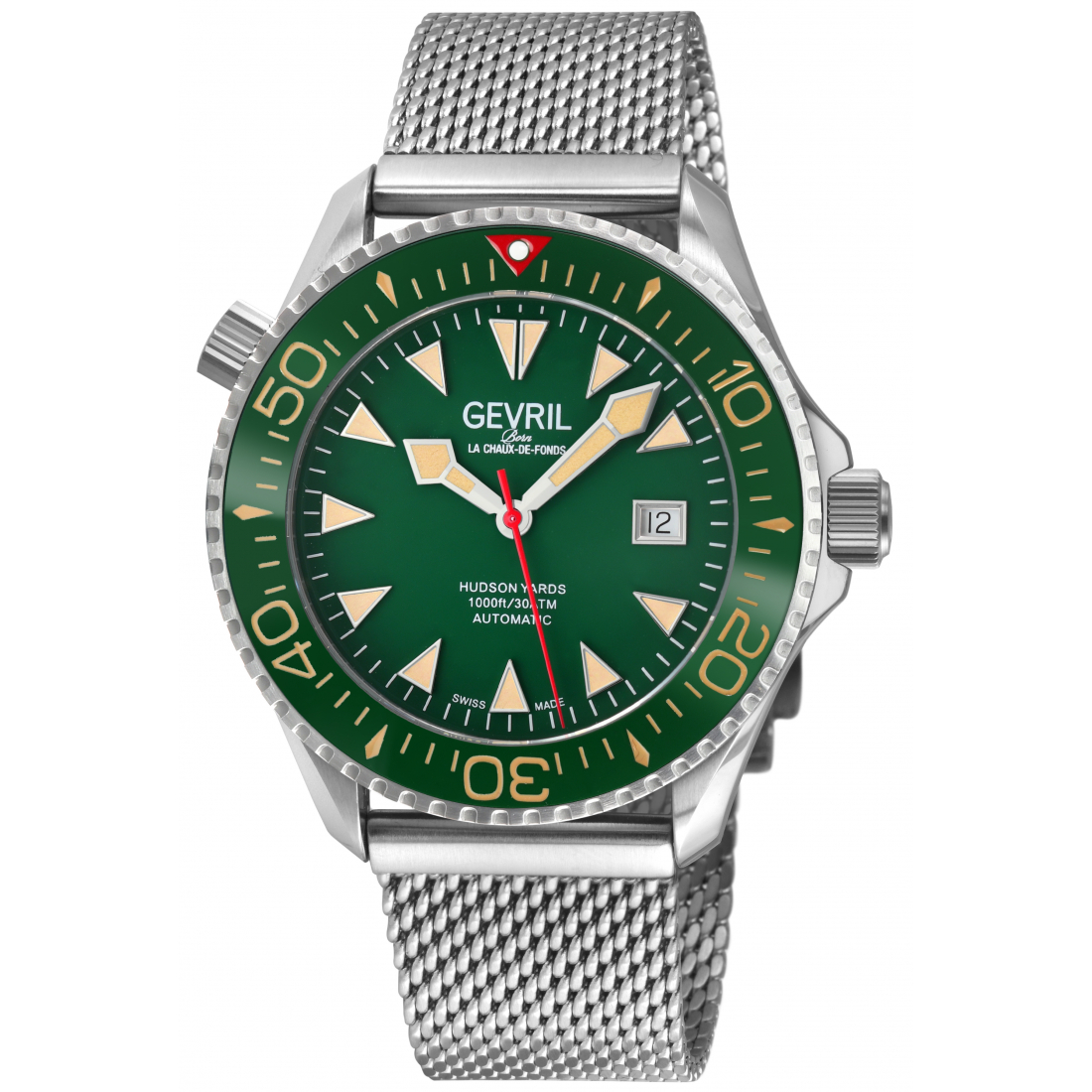 Men's Hudson Yards Swiss Automatic Watch  316L SS Case, Green Carbide Bezel, Green Enamel Dial, Stainless Steel Mesh Band