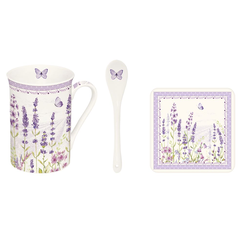 Mug 300ml With Spoon In High Quality And Coaster Lavender Field In Color Box