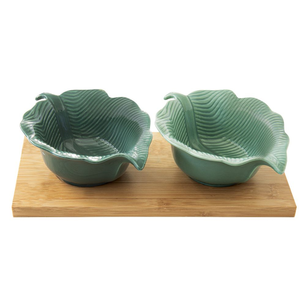 Aperitif Set With Bamboo Tray And 2 Leaf-Shaped Porcelain Bowls in Mada Color Box
