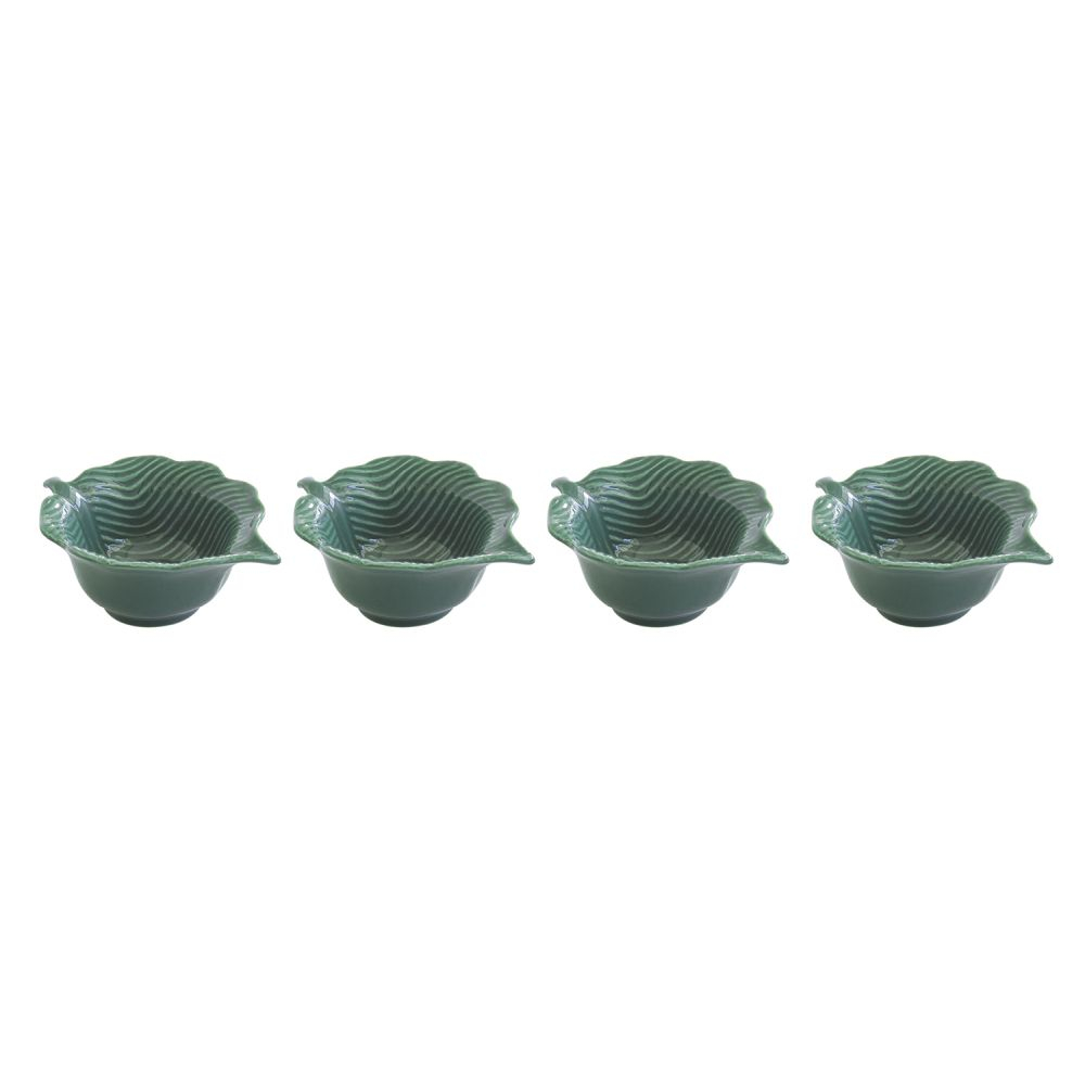 Set Of 4 Mini Leaf-Shaped Porcelain Bowls in Tropical Leaves Color Box