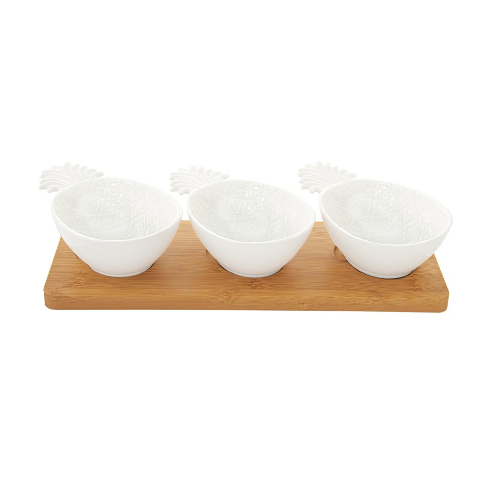 Aperitif Set With Bamboo Tray And 3 Pineapple-Shaped Porcelain Bowls in C.B.