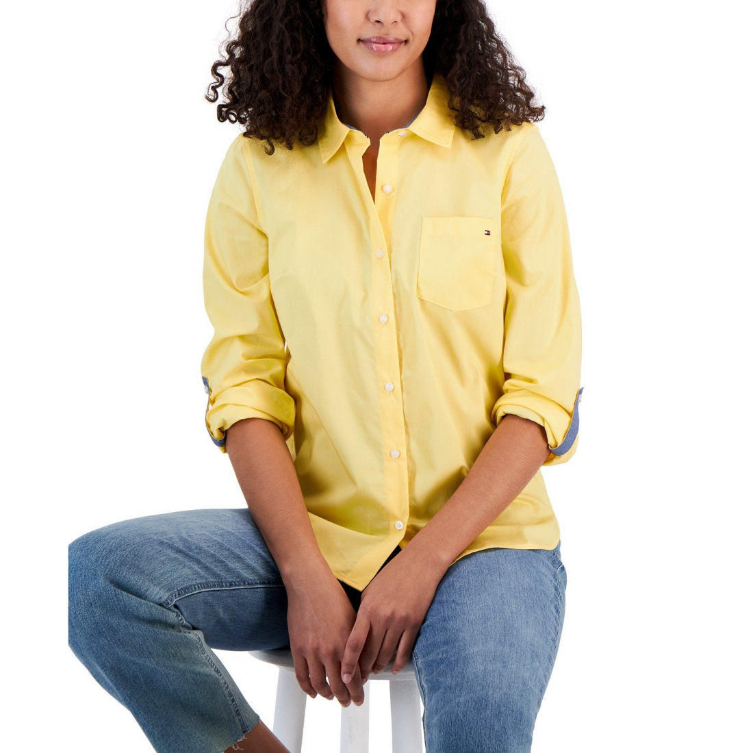 Cotton Roll-Tab Button-Up Shirt pour Femmes