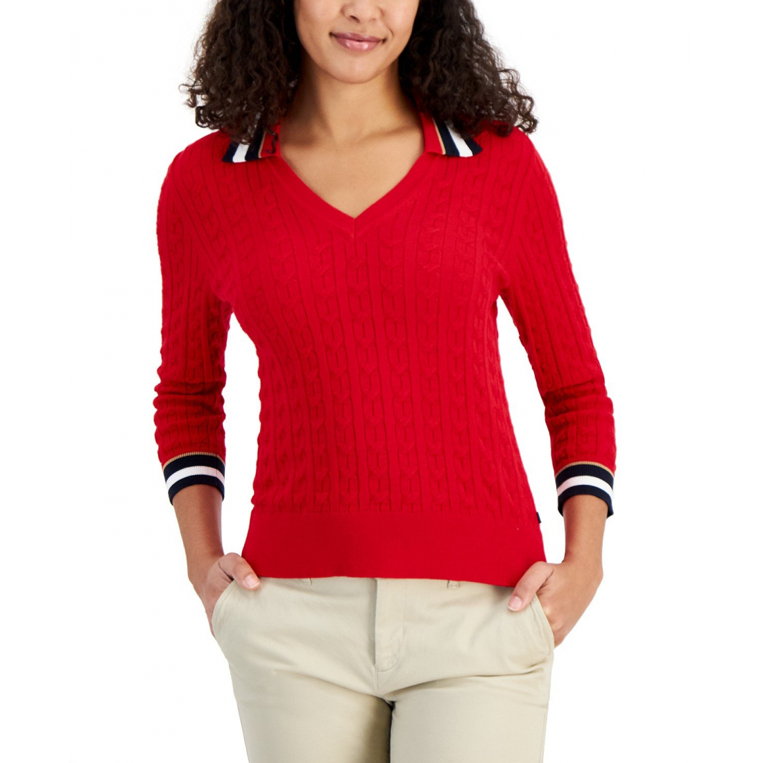 Cotton Striped-Collar Cable-Knit Sweater für Damen