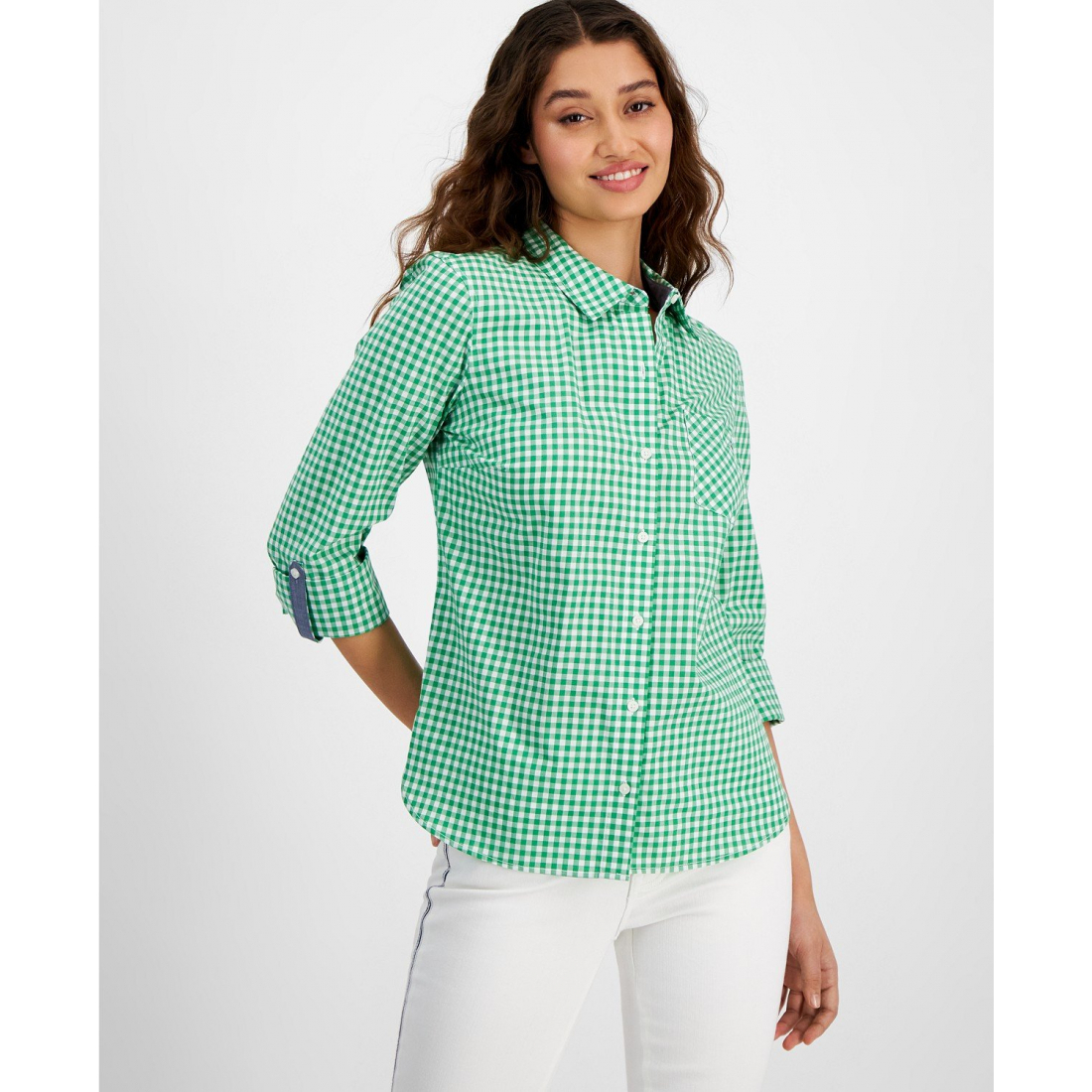 Cotton Gingham Roll-Tab Shirt pour Femmes