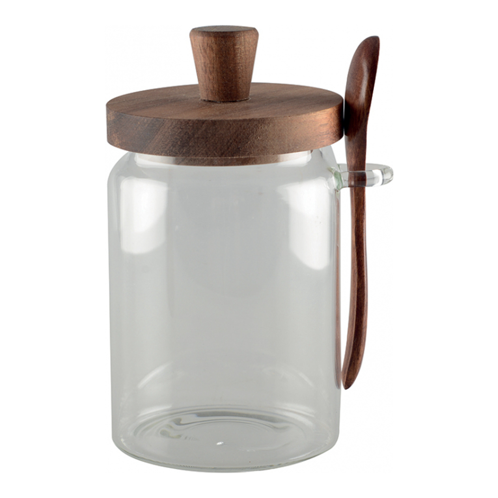 Glass Sugar Jar With Lid And Spoon In Wood