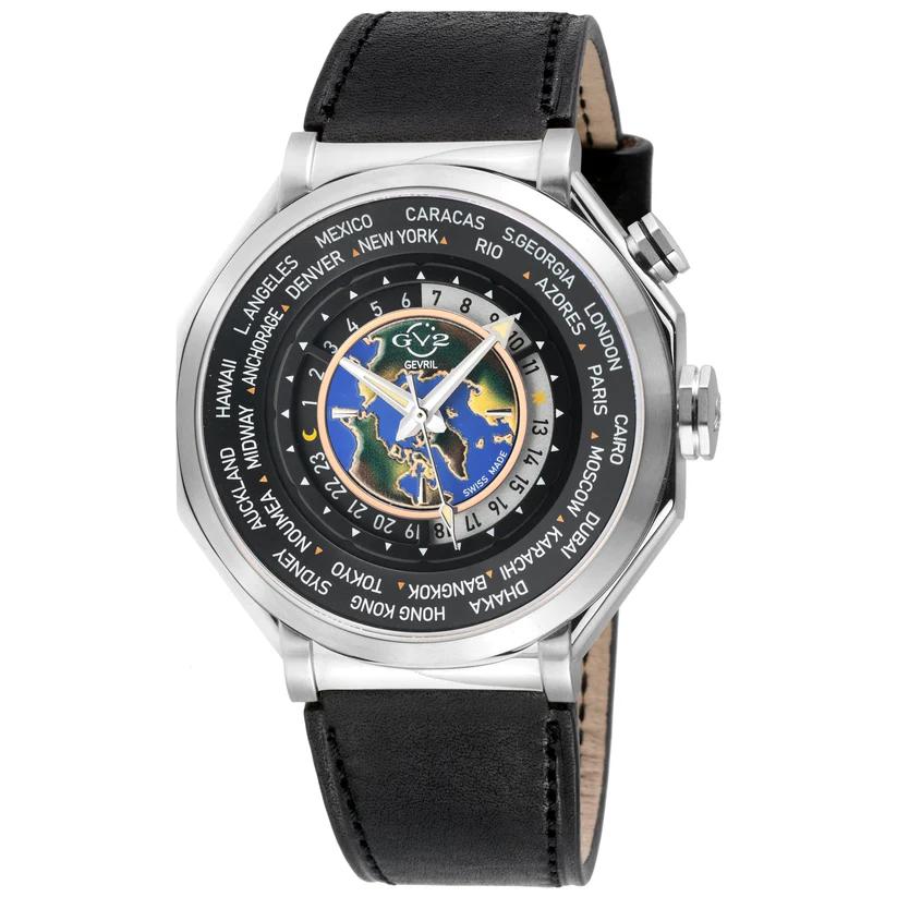 Men's Marchese WorldTimer Stainless Steel Case, Black Dial, Genuine Italian Brown Leather Watch