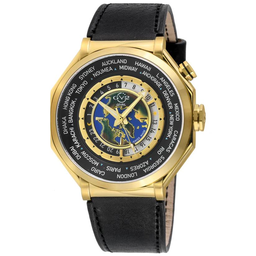 Men's Marchese WorldTimer IPYG Case, Black/Gold Dial, Genuine Italian Black Leather Strap Watch