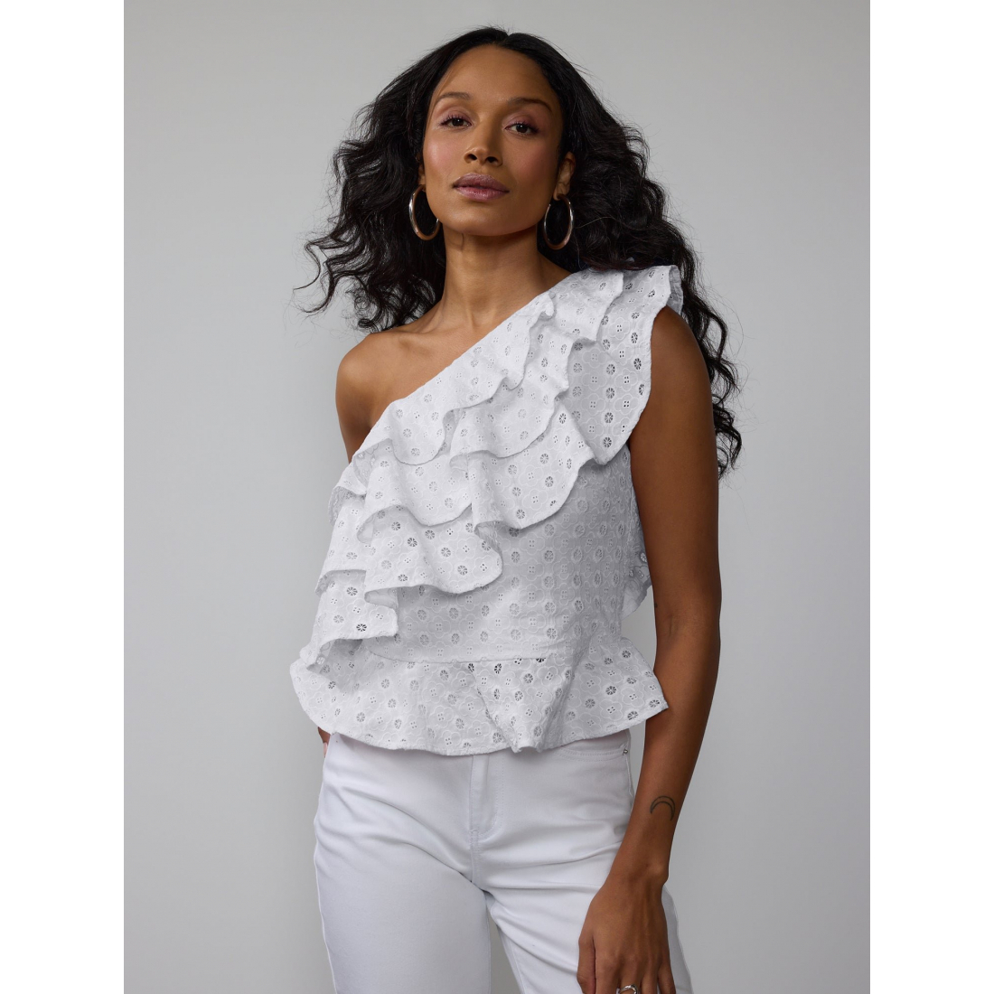 'One Shoulder Eyelet Ruffle' Trägershirt für Damen