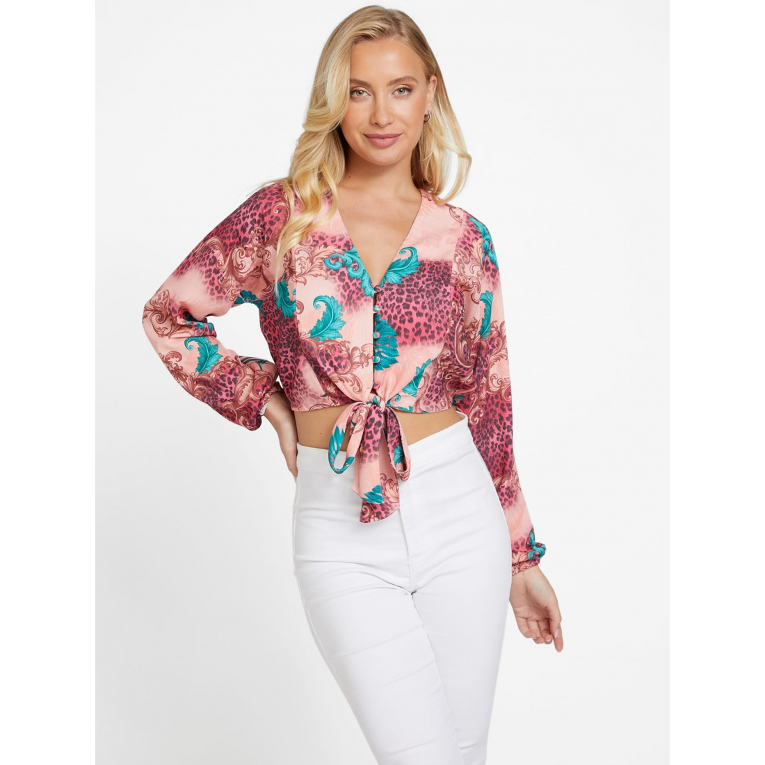 'Lulu Printed Tie-Front' Langärmeliges Oberteil für Damen