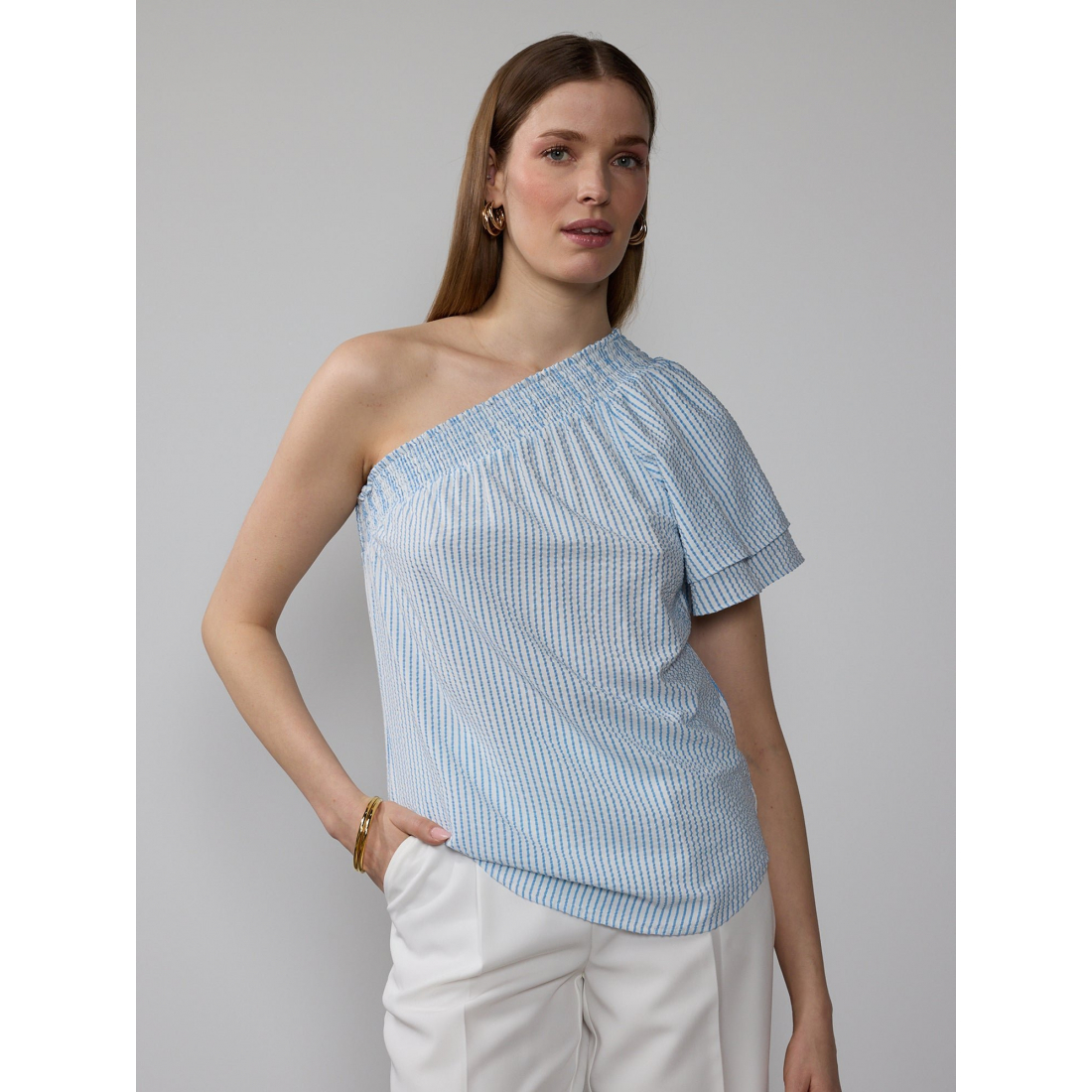 'Seersucker Stripe' Schulterfreie Bluse für Damen