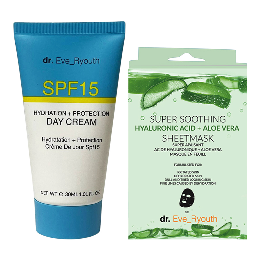 'SPF15 Hydration + Hyaluronic Acid Aloe Vera' Day Cream, Face Mask - 2 Pieces