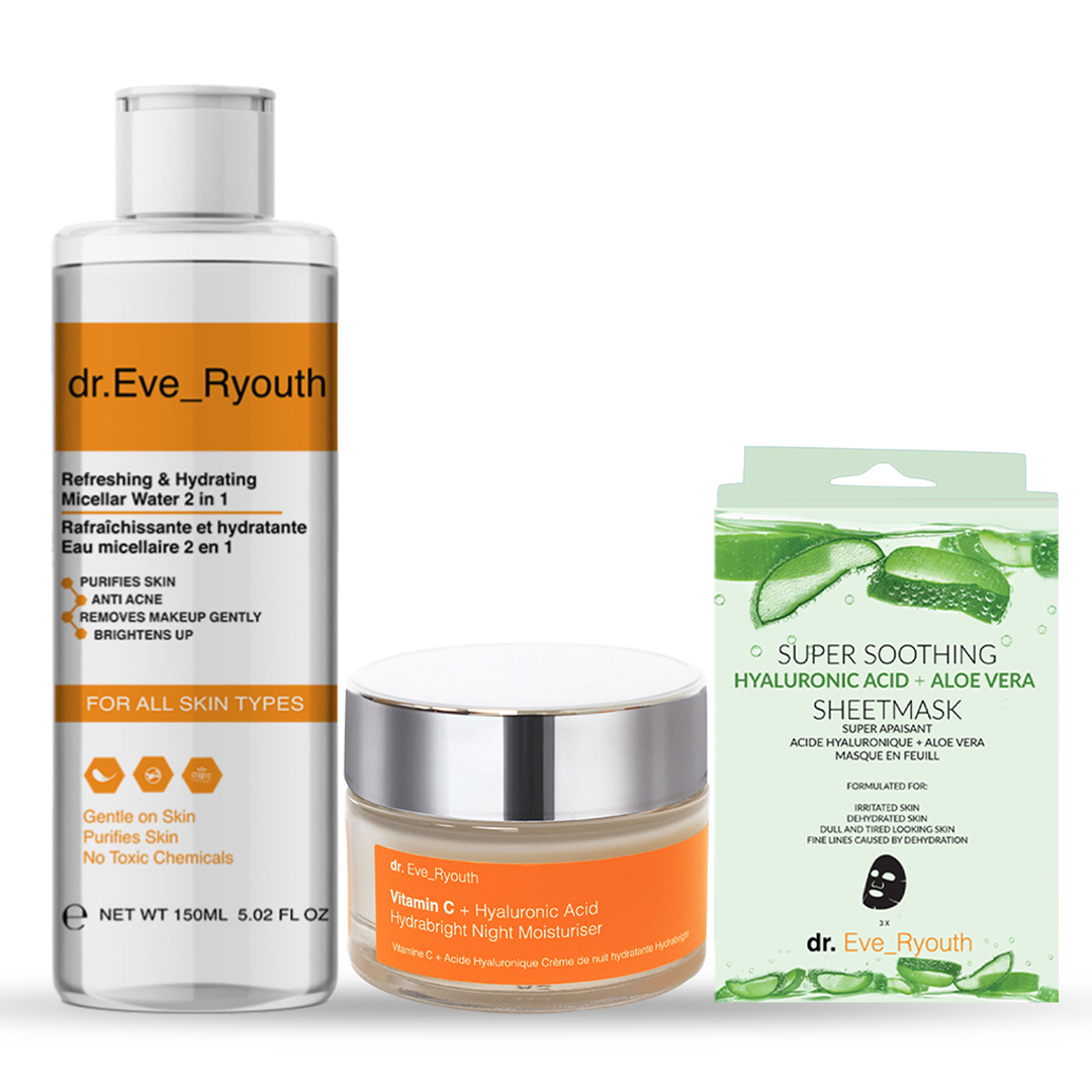 'Refreshing And Hydrating 2 In 1 + Hyaluronic Acid + Vitamin C' Blatt Maske, Mizellares Wasser, Nacht-Feuchtigkeitspflege - 3 Stücke