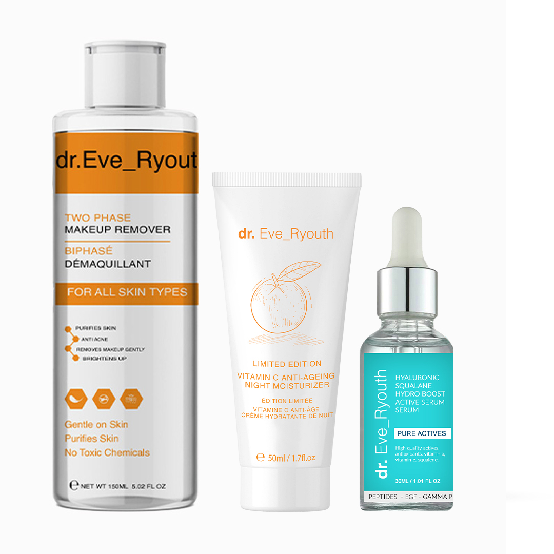 'Vitamin C + Hyaluronic Acid + Refreshing and Hydrating 2 in 1' Face Serum, Micellar Water, Night Moisturiser - 3 Pieces