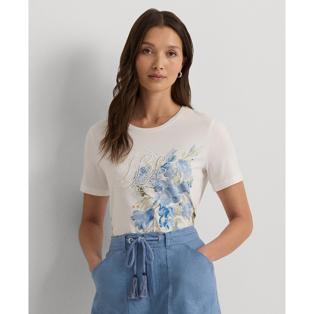 'Embroidered Floral' T-Shirt für Damen