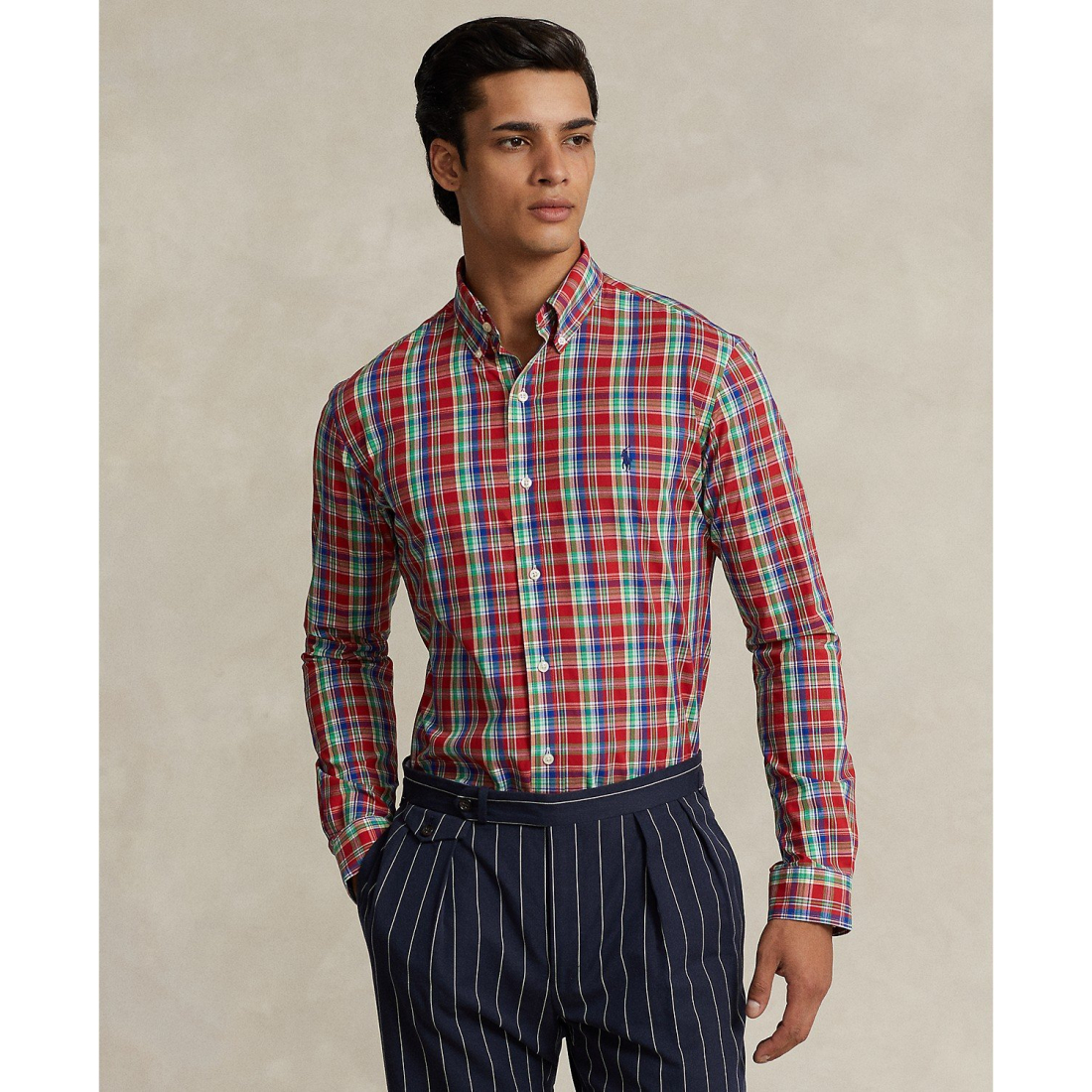 Classic-Fit Plaid Stretch Poplin Shirt pour Hommes