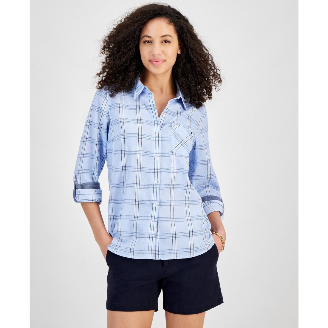 Pebble Plaid Roll-Tab Cotton Shirt für Damen