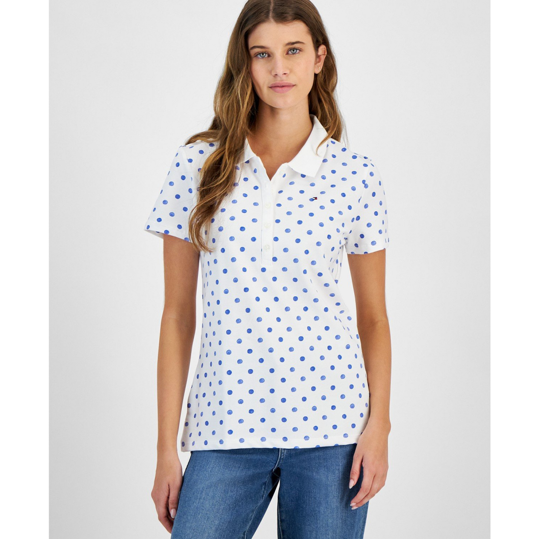 Dot Print Short Sleeve Polo Shirt für Damen